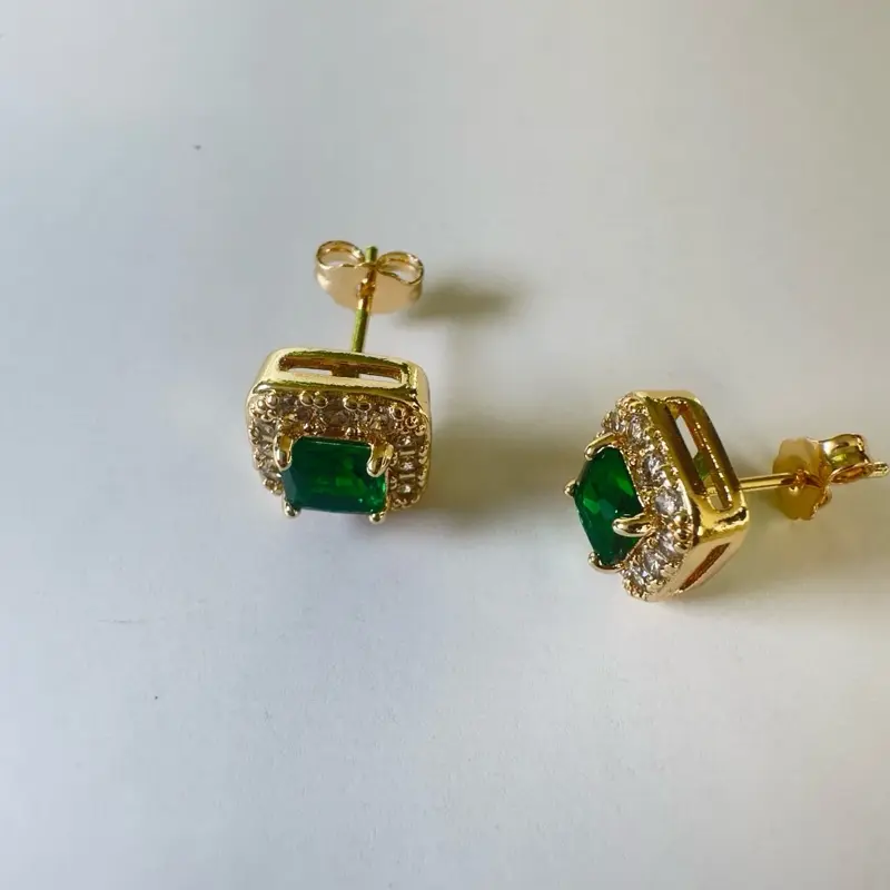 Unisex Elegant Geometric Crystal Zircon Stud Earrings - Silver, Emerald & Sapphire Rectangle-Shaped Versatile Fashion Costume Jewelry Accessory, Unisex Appeal