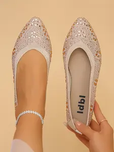 Women's Rhinestone Embellished Flat Shoes, Breathable Woven Fabric Mary Jane Design, Comfortable Lightweight Slip-On Casual Mom Shoes, Slip On Flats, Fashion Flat Shoes