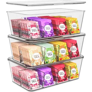 Tea Bag Organizer Set with Lids 3 Pack Stackable Clear Plastic Storage Bins for Pantry Cabinet & Fridge Ideal for Tea Snacks & Spice Organization