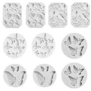 A Set of 10/5 Pcs Butterfly Rose Flower Stems Birds Blossoms Silicone Fondant Mold for Making Chocolate Fondant Jelly Polymer Clay Soap Crafting DIY Projects and Cake Decoration Hand Tools Kits