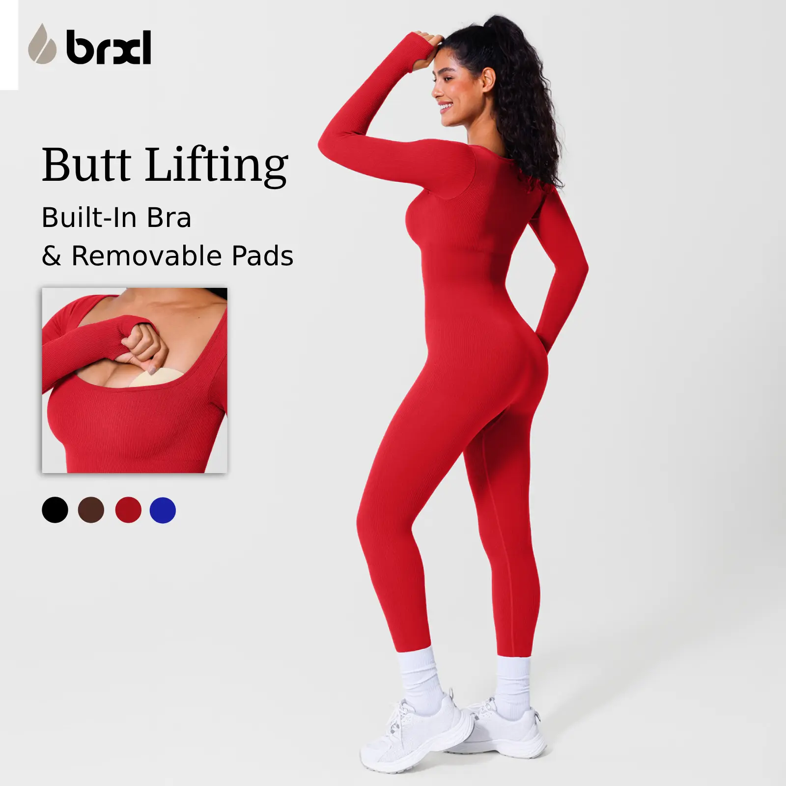 BRXL Long Sleeve Jumpsuit for Women with Built In Bra Workout Yoga Full Body Suits Shapewear One Piece Bodycon Tummy Control Butt Lifting Seamless Design 4 Way Stretch for Gym Training Everyday Wear Stretchable Activewear