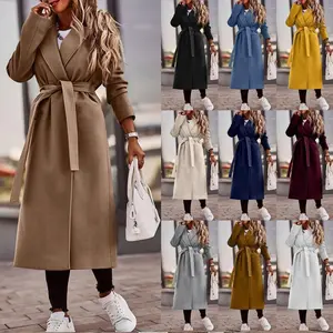2025 Autumn Winter Women's Solid Color Lapel Long Sleeve Simple Tie-Up Woolen Trench Coat