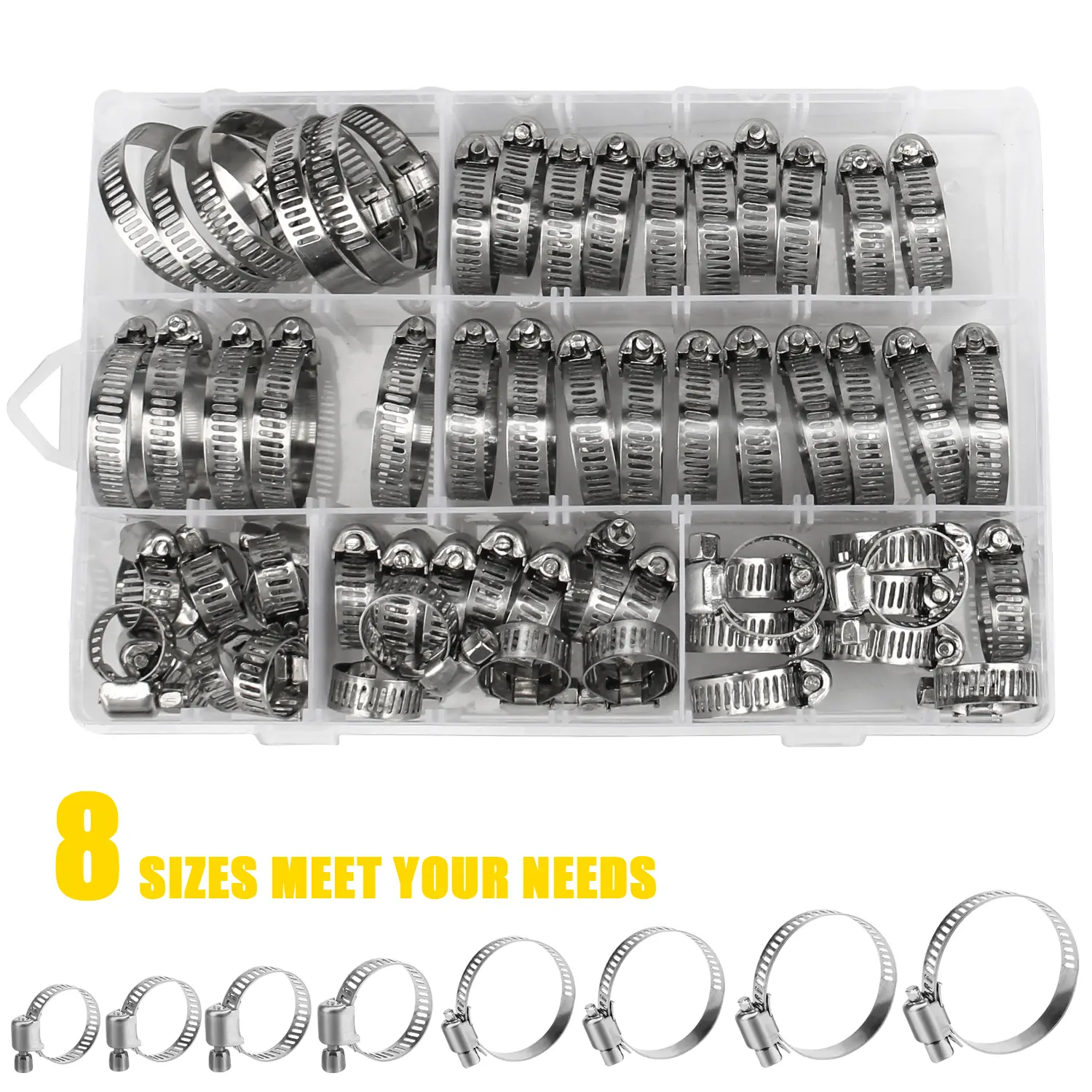 60/101PCS Stainless Steel Hose Clamps Kit,0.32*1.73 inches Multiple Sizes,Anti-Rust Durable,Exquisite Workmanship,with Storage Box,Suitable for Water,Gas,Oil Pipes,Easy to Install