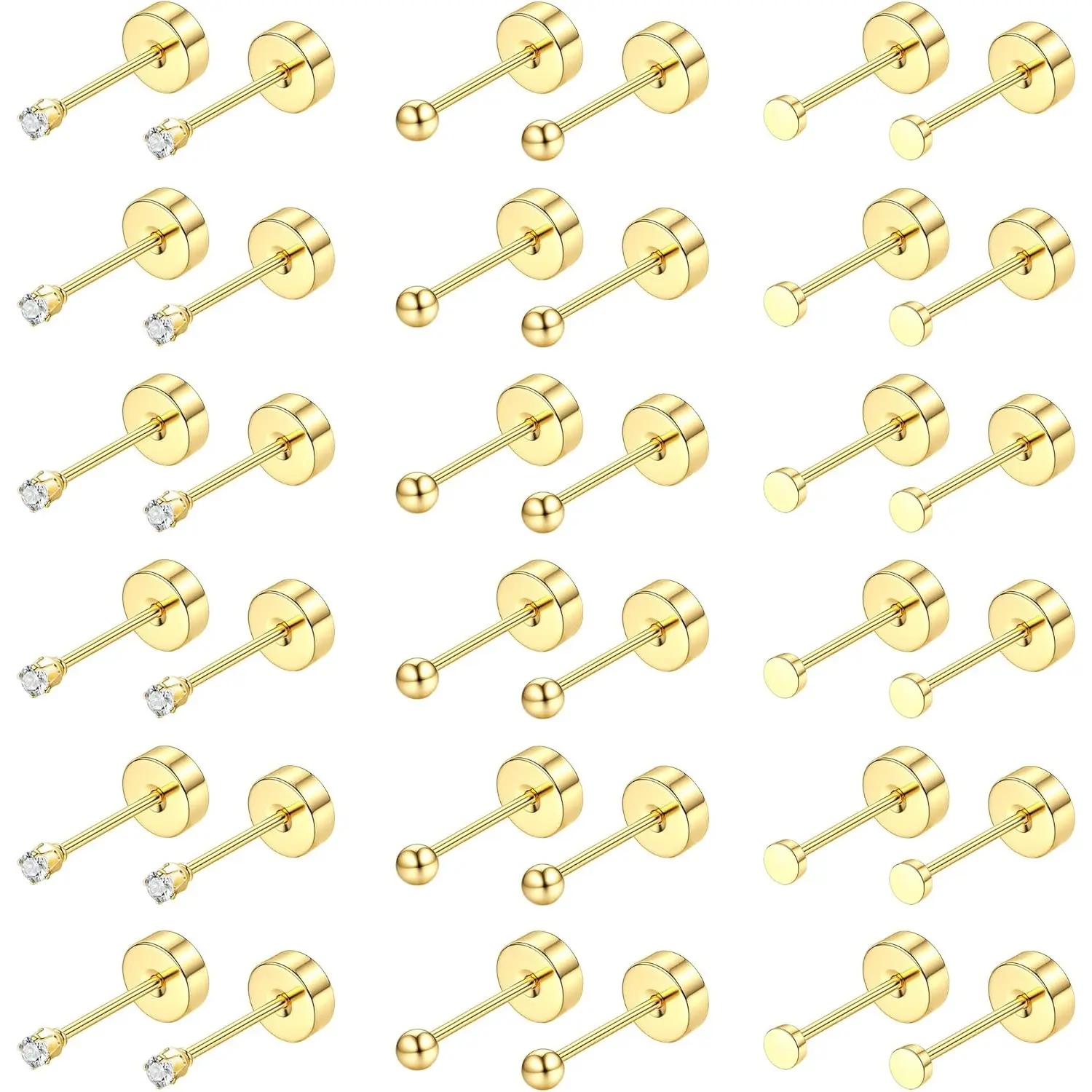 YADOCA Small Flat Back Earrings for Women Men - Hypoallergenic 14K Gold Plated Surgical Steel Screw Flat Back Stud Earrings Tiny Cartilage Earring Sets For Multiple Piercing 2/3/4mm 18pairs