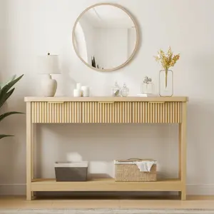 Furniture Fluted Console Table with Drawers, Modern 47.1" Entryway Table with Storage Shelf, Boho Narrow Skinny Behind Couch Wood Sofa Table for Living Room Hallway Entrance Foyer