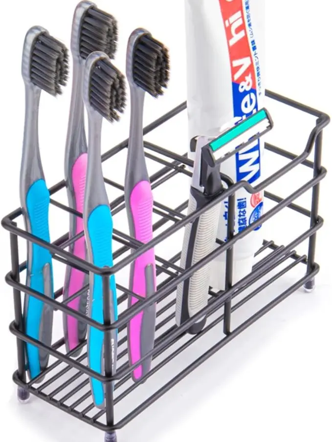 Stainless Steel Toothbrush Holder with Toothpaste Storage, 7-Slot Black Bathroom Countertop Organizer - Multifunctional, Efficient Capacity, Space-Saving Water-Draining Hygienic, Peel-and-Stick Adhesive Backing, Modern Bathroom Décor