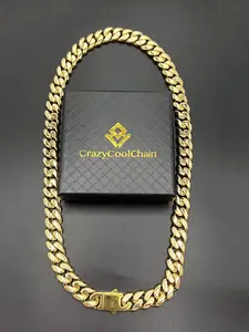 14mm Gold Plated Miami Hip Hop Cuban Necklace, Durable Stainless Steel Chain, Cuban Link Chain, Push Clasp, Party Style, Fashion Necklace, All Seasons Wear