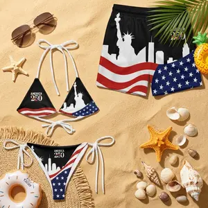 America 250 Matching Couple Swimwear, Statue of Liberty New York Skyline Hawaiian Shirt Bikini Set, 250th Anniversary Gift