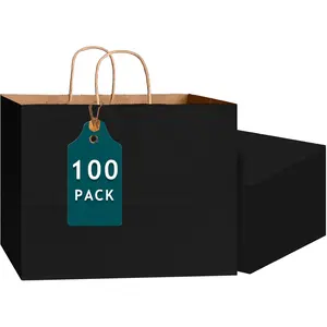 100-Pack Wide Large Size Paper Bags With Handles Bulk 12.6"x4.3"x10" Black Party  Shopping Bags