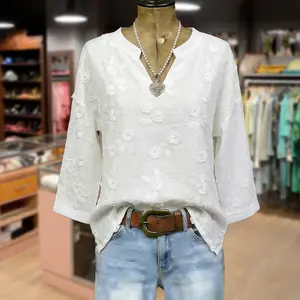 Cherrybetty 100%Cotton Vintage Floral Embroidered Notch Neck Three Quater Sleeve Blouse Womenswear Shirts Cute Tops For Women Plus Size Fashion Tiktok Shop Spring Glow Up