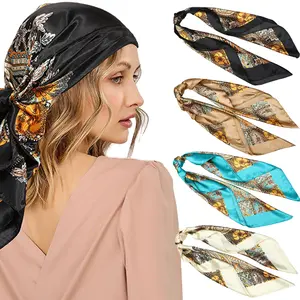 AWAYTR 35" Elegant Large Square Head Scarf 4Pcs/Set Fashion Printing Neck Scarf Bandana Silk Like Head Wrap Hair Scarfs for Women Kerchief