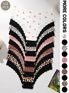Women's Seamless Leopard Print Low Waist Briefs, Wave Edge Comfortable Triangle Panties, Slim-Fitting Sexy Lady Underwear, Seamless Crotch Design, Soft Stretch Underwear, 10 Pack
