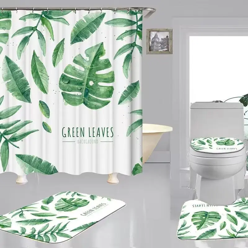 Monstera Leaf Pattern Shower Curtain Set with 12 Hooks, 4 Counts/set Including Shower Curtain & Toilet Lid Cover & Mat & U-shaped Mat, Bathroom Decor Supplies