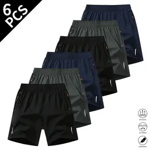 Men’s 6-piece set featuring shorts with zippered pockets—summer ice silk beach shorts, cool-touch quick-dry sports casual pants suitable for running and fitness, ideal for everyday wear.