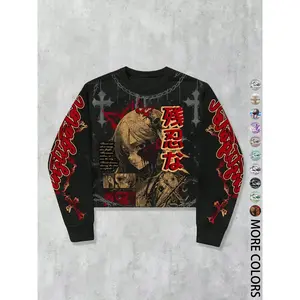 Neutral street-style sportswear with an angel pattern print, loose casual fit, long sleeves, and a crew neckline, suitable for autumn and winter fashion.