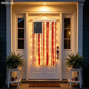 LED lit American flag banner with delicate tassel design, measuring 4×2.3 feet. Retro patriotic style perfectly fits Independence Day and 250th anniversary celebrations. Great decorative hanging ornament for porch, yard, party and indoor home styling.