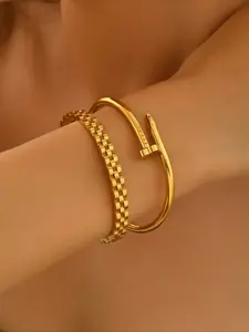 Gold-Color Bangle Bracelet, Stainless Steel Material With Nail Design, Stackable, Charming Accessory For Various Occasions