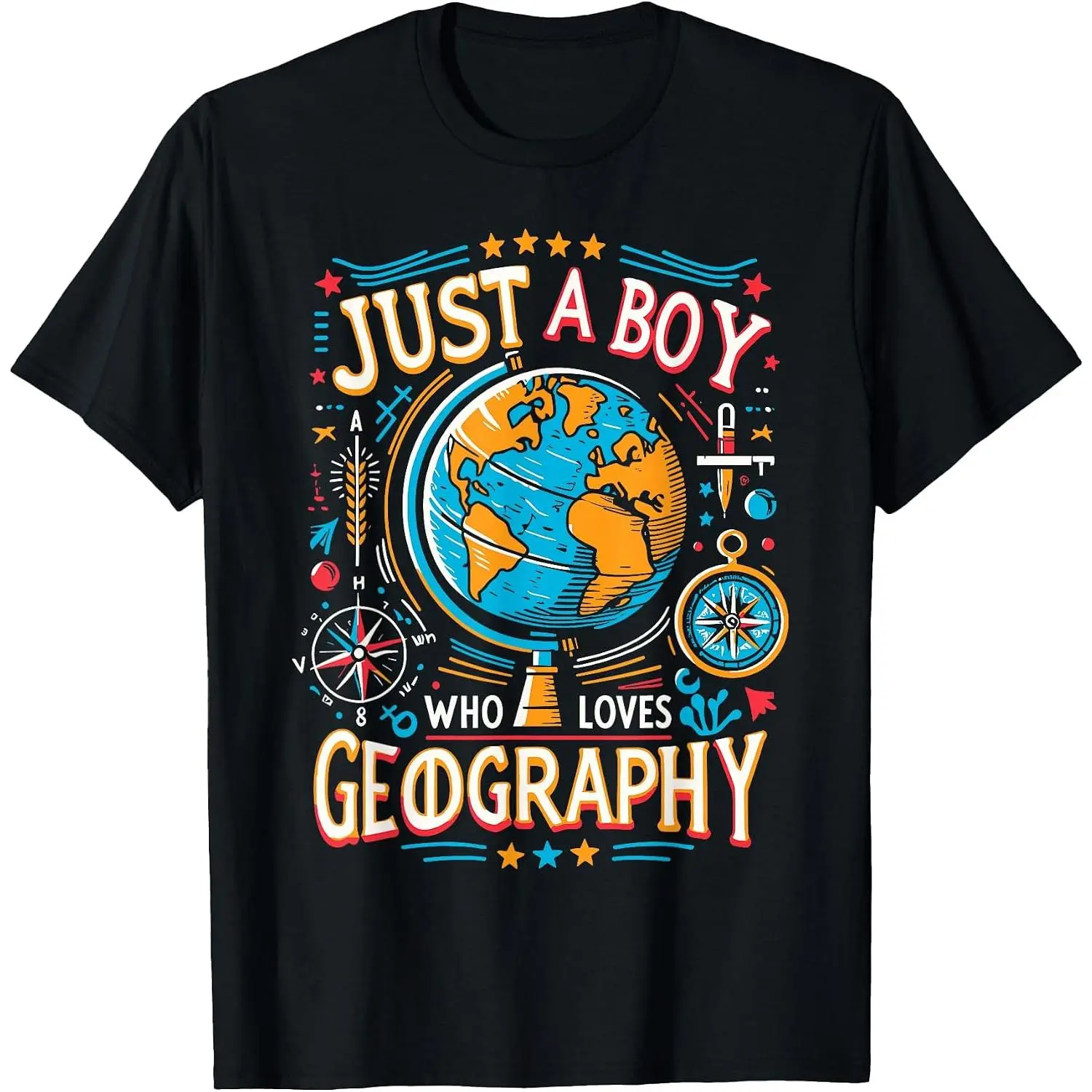 Vintage Geography Lover Black Casual T-Shirt - Globe, World Map, Compass Retro Colorful Print - Sports Top for Teachers, Students