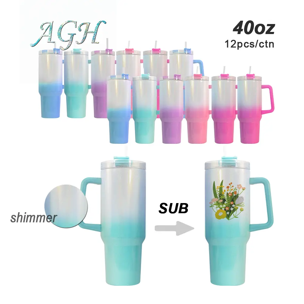 AGH US Warehouse 40OZ shimmer ombre sulimation blank handle tumbler with lid straw keep cold coffee travel mug Water Bottles Portable #40oztumbler