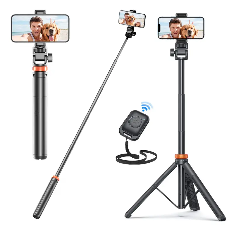 61-in Compact Aluminium Cell Phone Tripod Stand - 18.5"-61" Extendable Selfie Stick, Wireless Remote, 360° Rotatable Head, Mobile Mount for iPhone/Android Cells, Vlogging Kit Photography Equipment