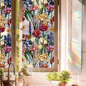 Stained Glass Window Film UV Resistant Window Privacy Film Colorful Flowers Privacy Rainbow Decals Living Room Bedroom Sun Blocking Decor Removable Static Cling Stickers 17 x 78.74 Inch