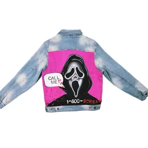 Call Me Custom Denim Jacket - Hand Painted Acrylic Artwear, Small Size, Crew Neck, Flexible & Durable, Wearable Art