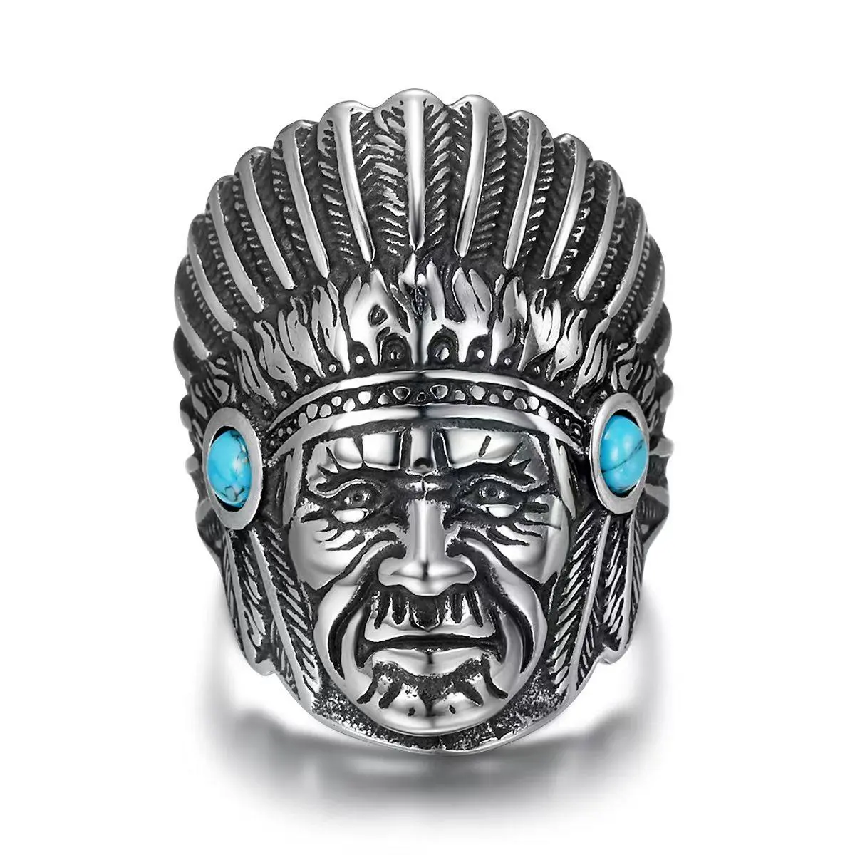 Vintage Indian Chief Portrait Stainless Steel Ring - Cocktail Ring, Fashion Finger Jewelry for Party Wear Outfits, Cocktail Rings, Stainless Steel Rings