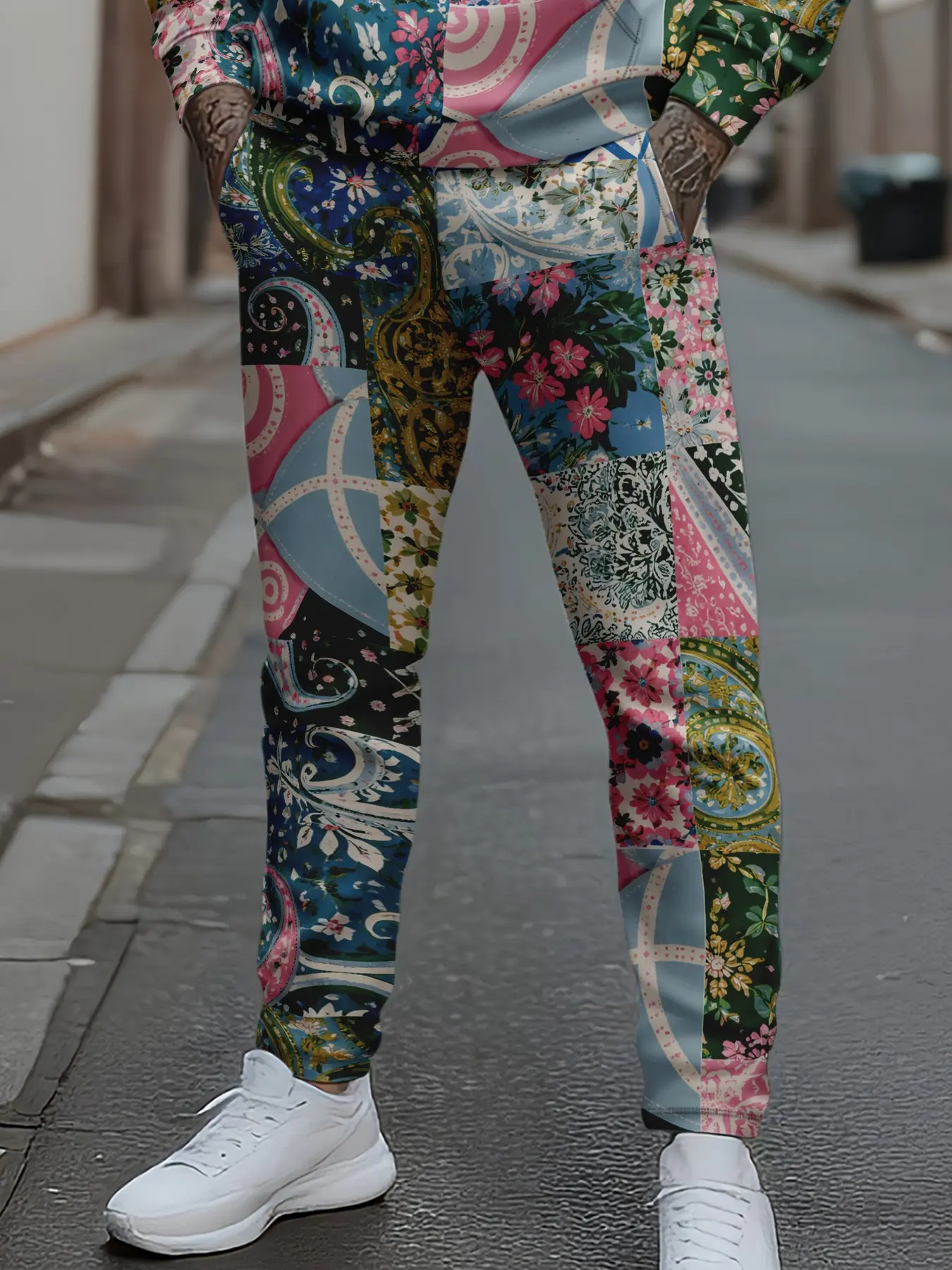 Men's Colorblock Paisley & Floral Print Joggers, Casual Fitted Sport Pants, All Season Active Patchwork Design, Comfortable Lounge Wear