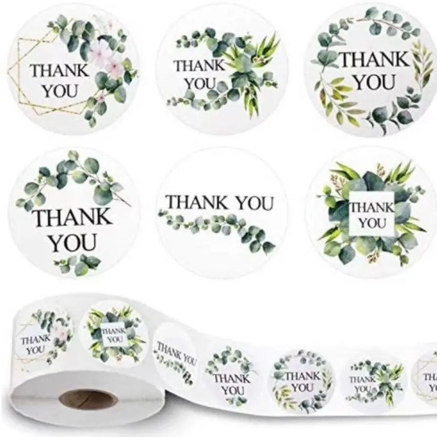 800 Pieces Greenery Frames Thank You Stickers, 1.5 Inch Boho Thank You Labels 6 Designs Adhesive Thank You Seal Circle Round Green Palm Leaves Wreath Thanks Stickers