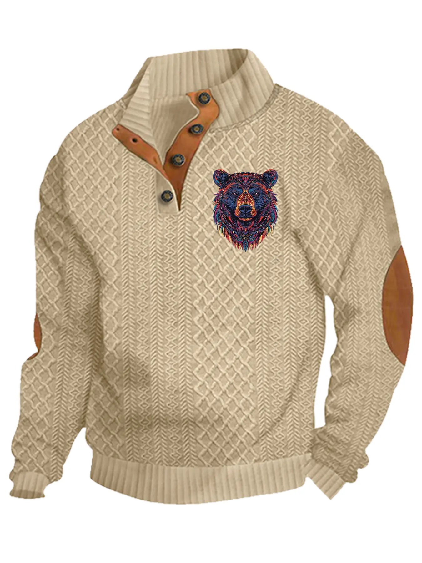 Men's animal pure color jacquard hoodie, quarter button, long sleeve stand collar pullover, a variety of animal prints, winter pullover daily holiday wear, polyester fiber material, street style casual wear, suitable for spring, autumn and winter seasons.