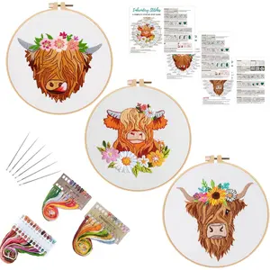 3 Sets Highland Cow Embroidery Kits for Beginners, Stitch Kit for Adults,Starters DIY Needlepoint Including Embroidery Hoop Cloth  Instruction and Threads