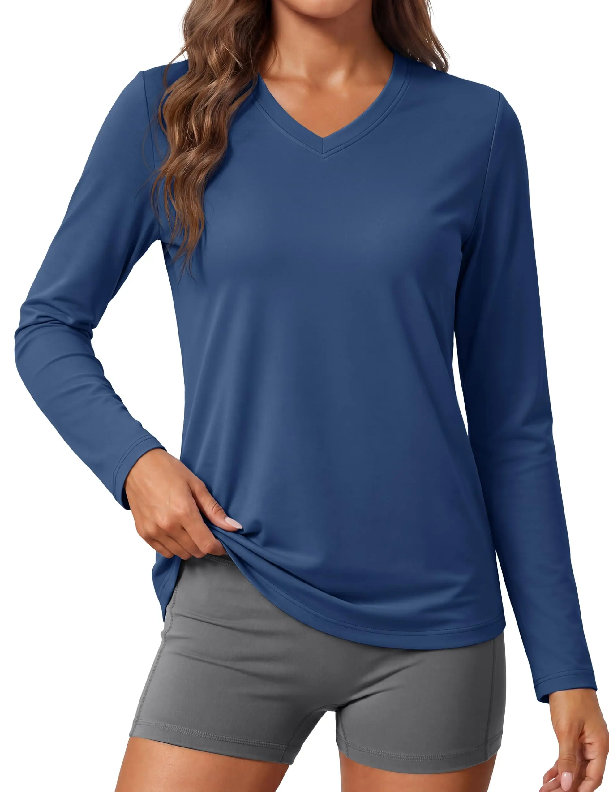 MAGCOMSEN Women's Long Sleeve V-Neck UPF 50+ UV Sun Shirt, Quick-Dry Tech Athletic Active Top, Dry Fit Activewear Fitness Top, Casual Breathable Sportswear Swim Tee, Athletic Active Tops
