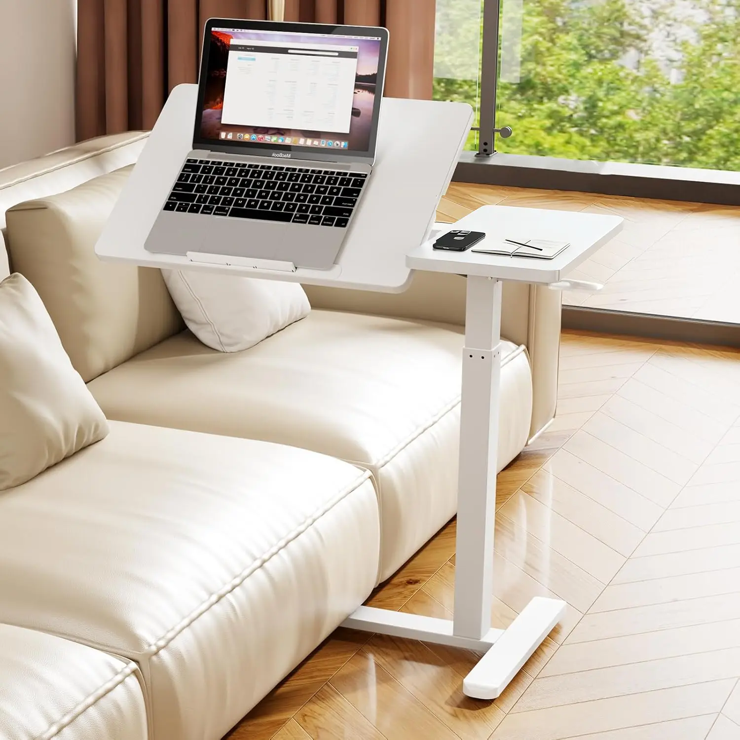 Height Adjustable Overbed Table with Pneumatic Lift  Split Top Tilting Tray and Rolling Laptop Desk – Bedside Cart for Reading Computer Work Study in Bedroom and Home Office