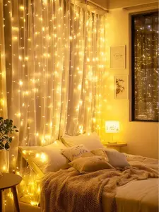 New Deal - 300 LED Fairy Curtain Lights, 9.8ft x 9.8ft Warm White Curtain String Lights, USB Plug in 8 Lighting Modes Christmas Decoration, Hanging Lights with Remote for Bedroom Indoor Weddings Dorm