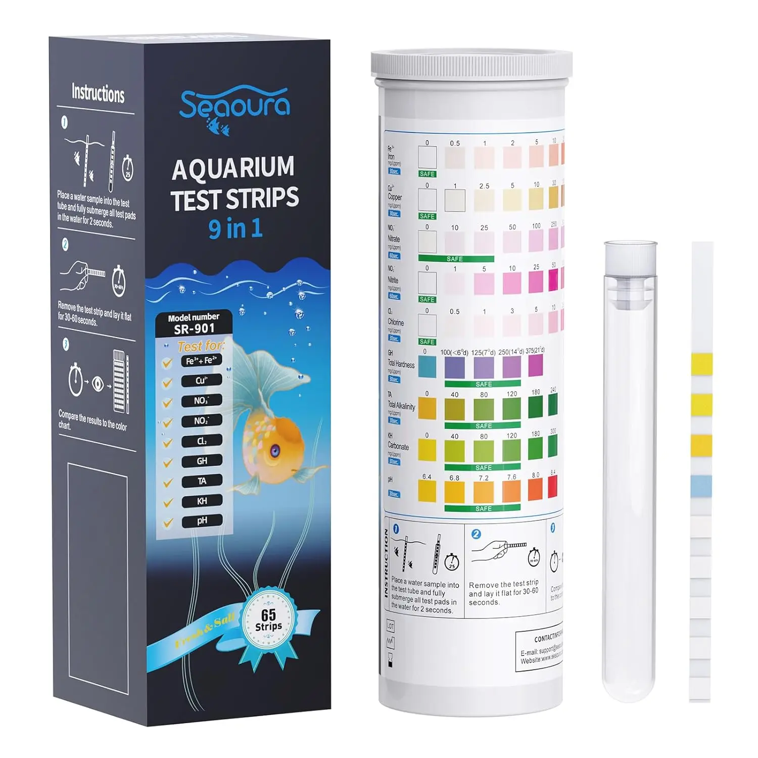 9-in-1 Aquarium Test Strips 65&135ct Fast Water Testing for Fish TankAmmonia Nitrate PH Ammonia, Alkalinity, Hardness, Chlorine, etc., Aquariums, Comprehensive Test Kit