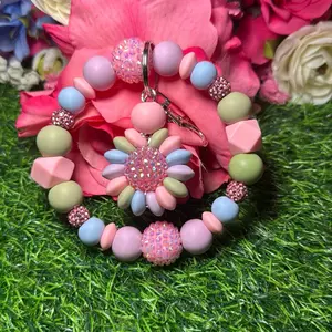 Sweet heart wristlet keychain color scheme powder blue, sage, pink, lavender and bling beads made with wire gift trend