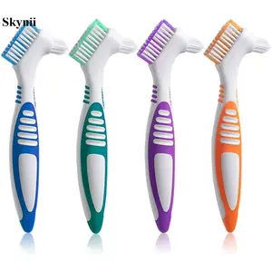 Skynii Denture Brush 4Pcs Denture Toothbrushes,Denture Cleaning Care Cleaning Brush ,Double Sided Toothbrush,Multi-Layered Bristles and Rubber Anti-Slip Handle (Purple, Green, Blue, Orange)
