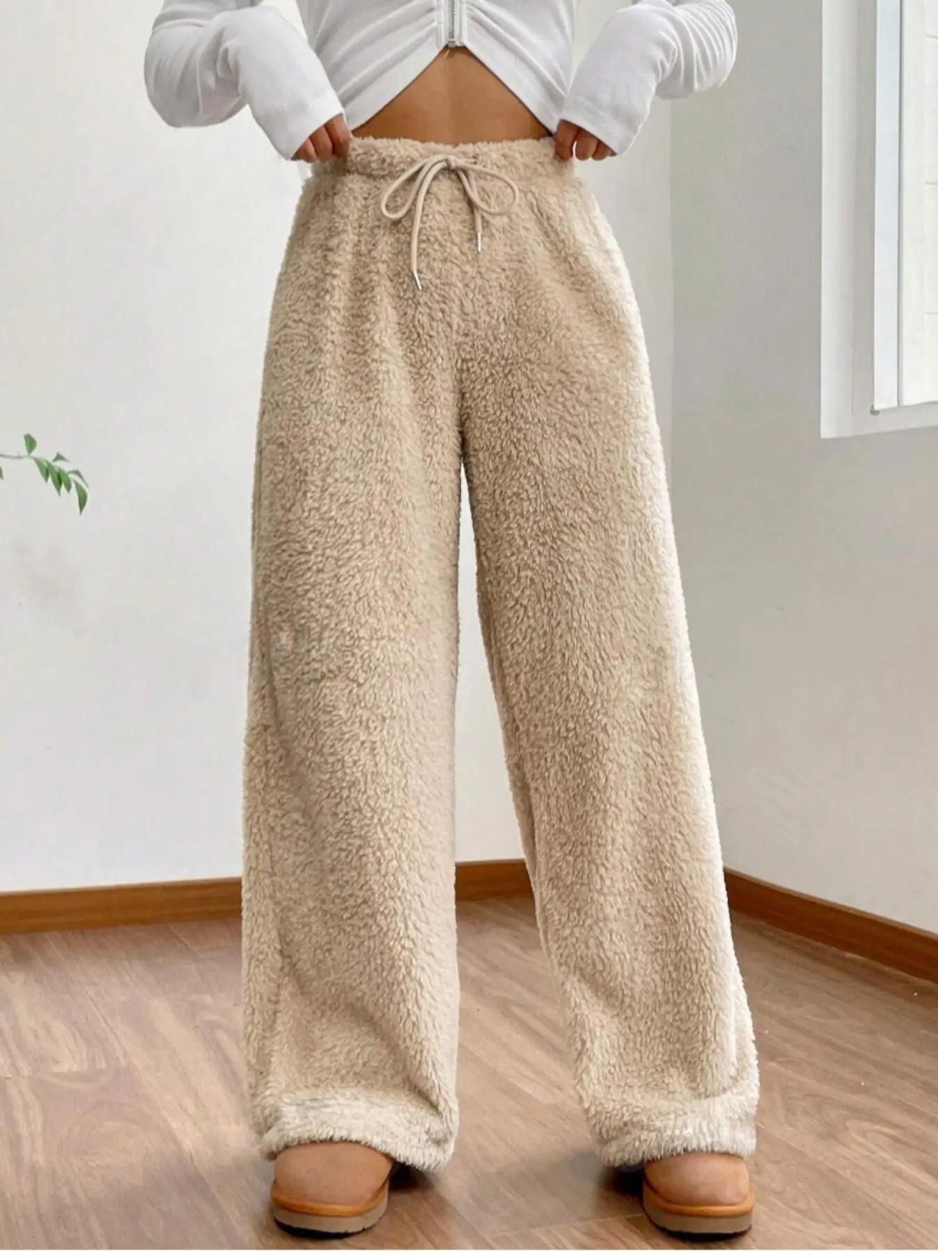 Women's Solid Drawstring Adjustable High Waist Fit Plush Straight Leg Pants, Casual High Rise Fitted Pants, Casual Comfy Warm Trousers for Fall & Winter, Women's Bottoms for Daily Wear, Casual Work Pants