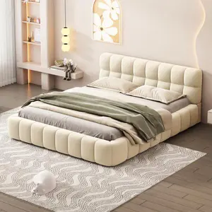 【Bellemave】Queen Size Upholstered Platform Bed with Thick Fabric, Grounded Bed with Solid Frame, Beige
