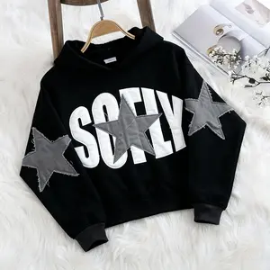 Man's Y2K Black Star Graphic Hoodie, Distressed Star Patches & Bold Typography, Streetwear Hip-Hop Style, Oversized Casual Sweatshirt Hoodie with Kangaroo Pocket