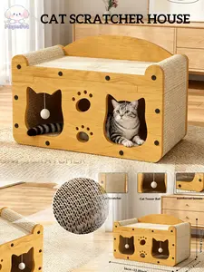 [MeynnPet]  3 in 1 House & Scratch Board/Pet Furniture for Indoor Cozy Spacious/Wooden Bed with Scratcher/Durable Double Layer Bed/Cat Scratcher/Cat Toys/Multi-Cat Activity Palace multi-functional Scratcher with Ball Toy