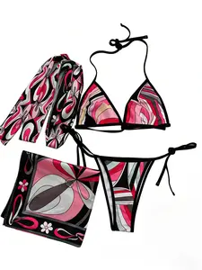 [Summervibes] XS-XL Luxury Women's Floral Silk Three Piece Bikini Set - Bohemian Beach Swimwear with Scarf & Headband, SoftSmoothAdjustable Swimsuits for Women SummerBeach,swimming pool, hot spring swimsuit