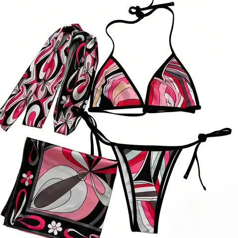 Women's Luxury Floral Print Silk 3-Piece Chic Curve Bikini Swimsuit Set (XS-XL) - Adjustable Straps, Silky Smooth, Split Back Tie, Scarf, YF2541 Headband, Boho Vibe, Bathing Suits, Colorful Resort Style Bikini Sets