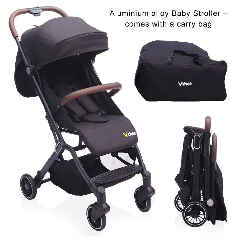 Baby Stroller with Carry Bag, One-Button Gravity Fold ,Black Aluminum Frame, 5" Front & 6" Rear Shock-Absorbing Wheels, One-Foot Dual Brake, Large Canopy