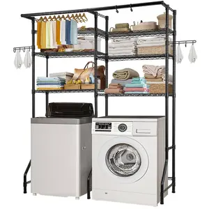 VEVOR Over Washer and Dryer Storage Shelves, 4 Tiers Laundry Room Drying Rack with Hanger Rod and Hooks, Two Rows Adjustable Washer Shelves Space Saver, for Laundry Room Storage Organization, WhiteVEVOR Super Brand Day