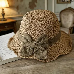 Elegant Handmade Foldable Retro Bow Sun Hat - Casual Daily Fashion Accessory for Travel, Beach