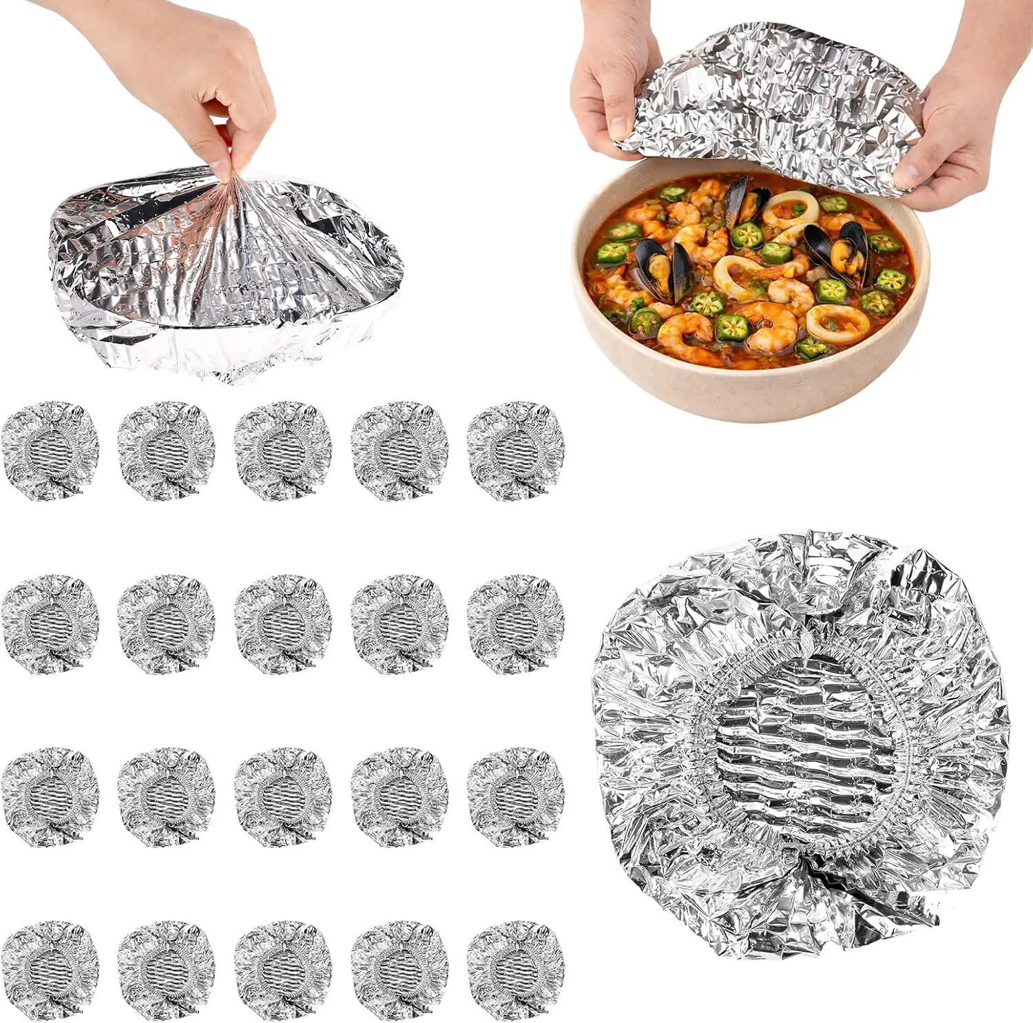 Premium Reusable Aluminium Foil Food Covers Cookware - 50 Pop-Up Lids, Lightweight Easy-to-Handle Modern Kitchen Heat Shields, Universal Fit for Bowls/Plates/Storage Containers, Keeps Food Fresh, Plastic-Free (Silver)