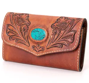 Tooled Leather Western Wallet - Turquoise Stone Inlay & Floral Design
