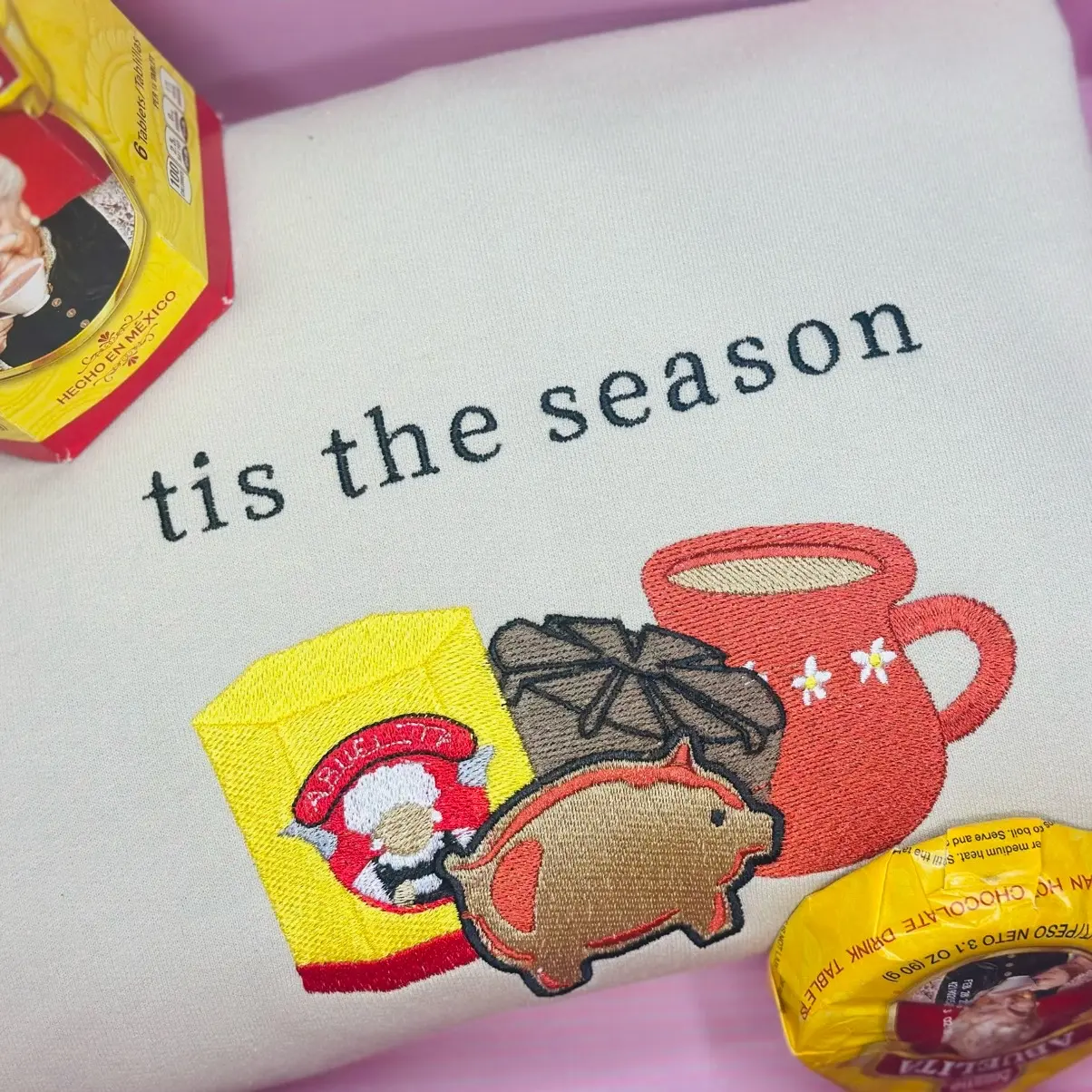 Tis the season/ Mexican food chocolate abuelita/ Embroidered sweater/ casual wear.