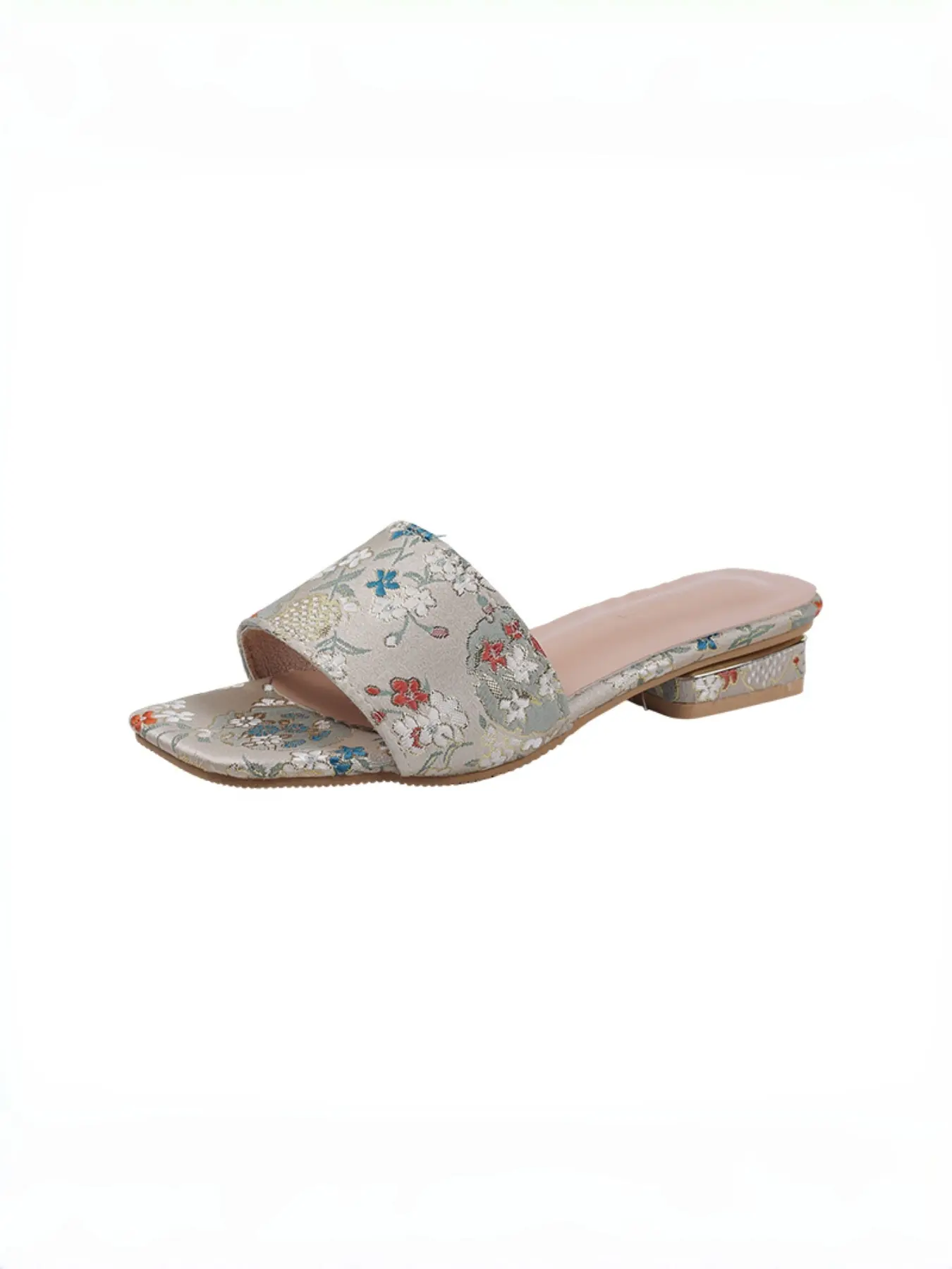 Chinese Style Satin Embroidered Sandals, Women's Low Heel Open Toe Slides, Vintage Floral Brocade Mules for Summer